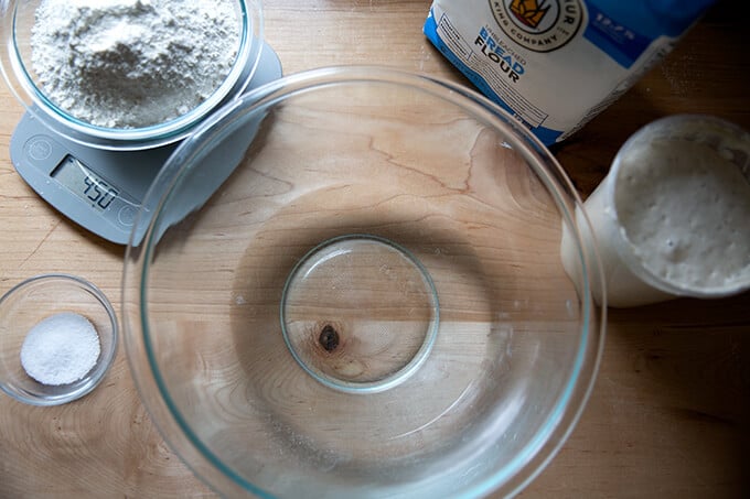 Ingredients to make sourdough ciabatta rolls.