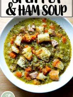 A bowl of split pea and ham soup.