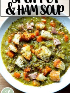 A bowl of split pea and ham soup.