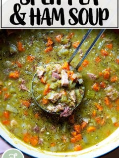 A pot of split pea and ham soup.