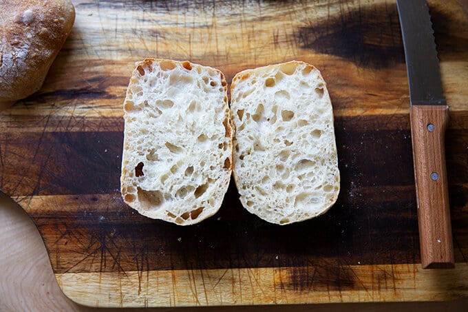 A halved ciabatta roll.