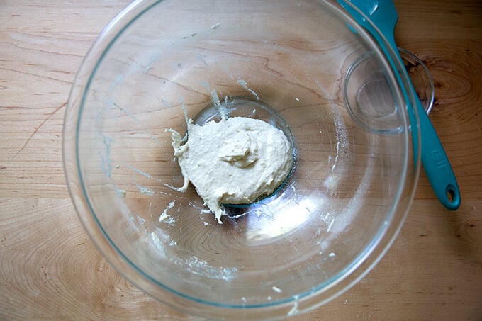 Just mixed sponge in a glass bowl.