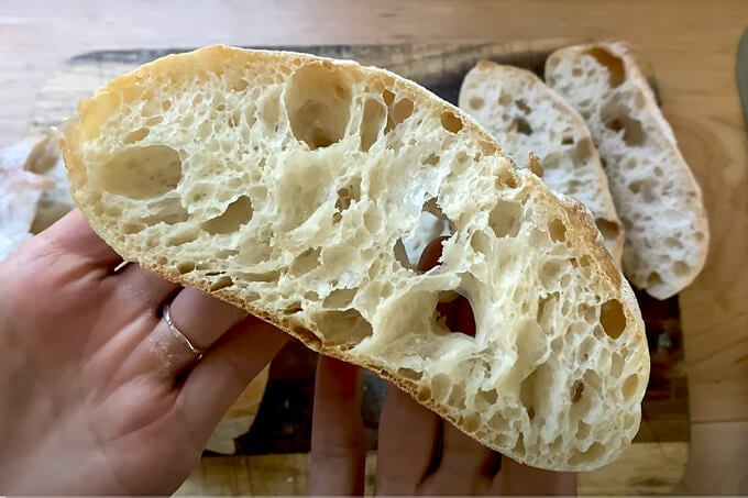 Sliced ciabatta bread.
