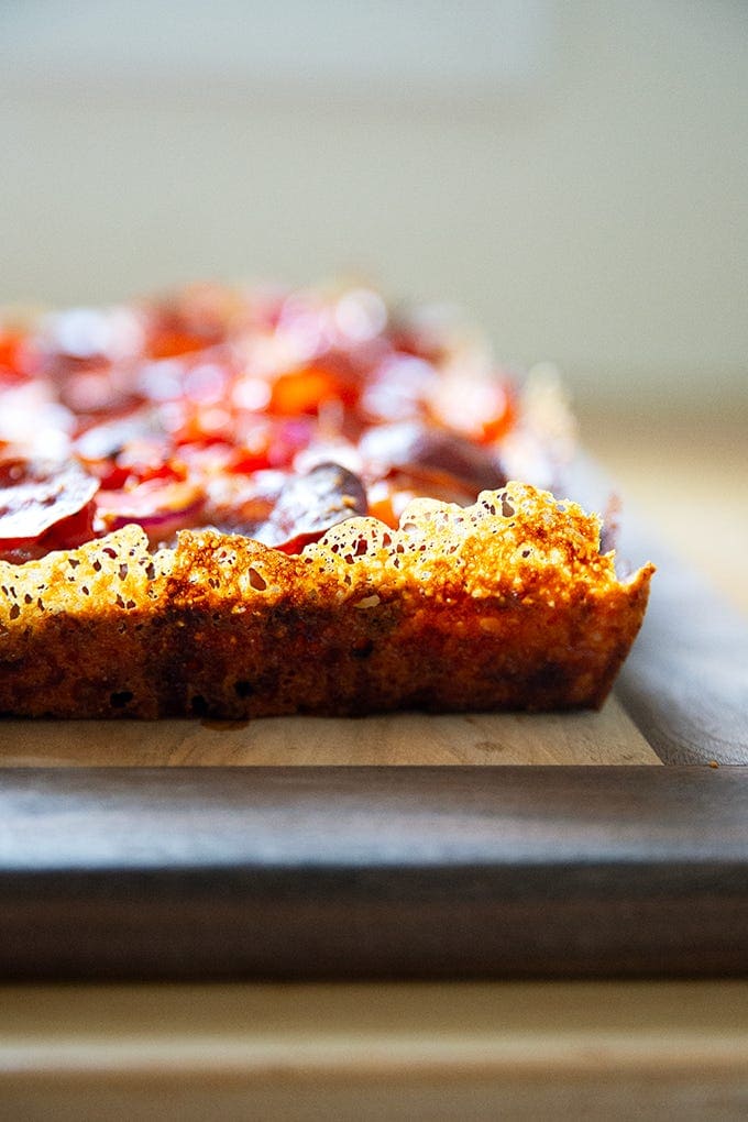 The frico crust of a Detroit-Style pizza. 
