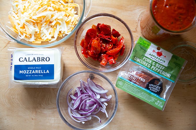 A selection of toppings for Detroit-style pizza.