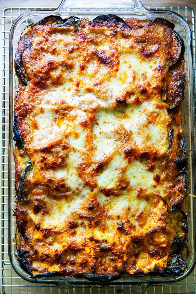 Roasted eggplant lasagna, just baked on a cooling rack.