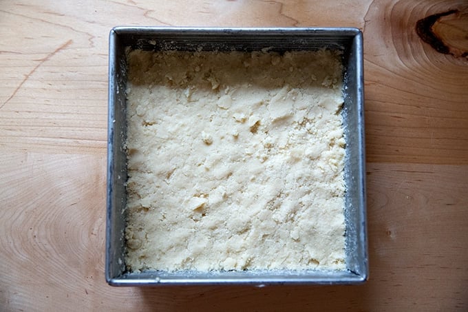 Dough in pan, not yet smoothed out.