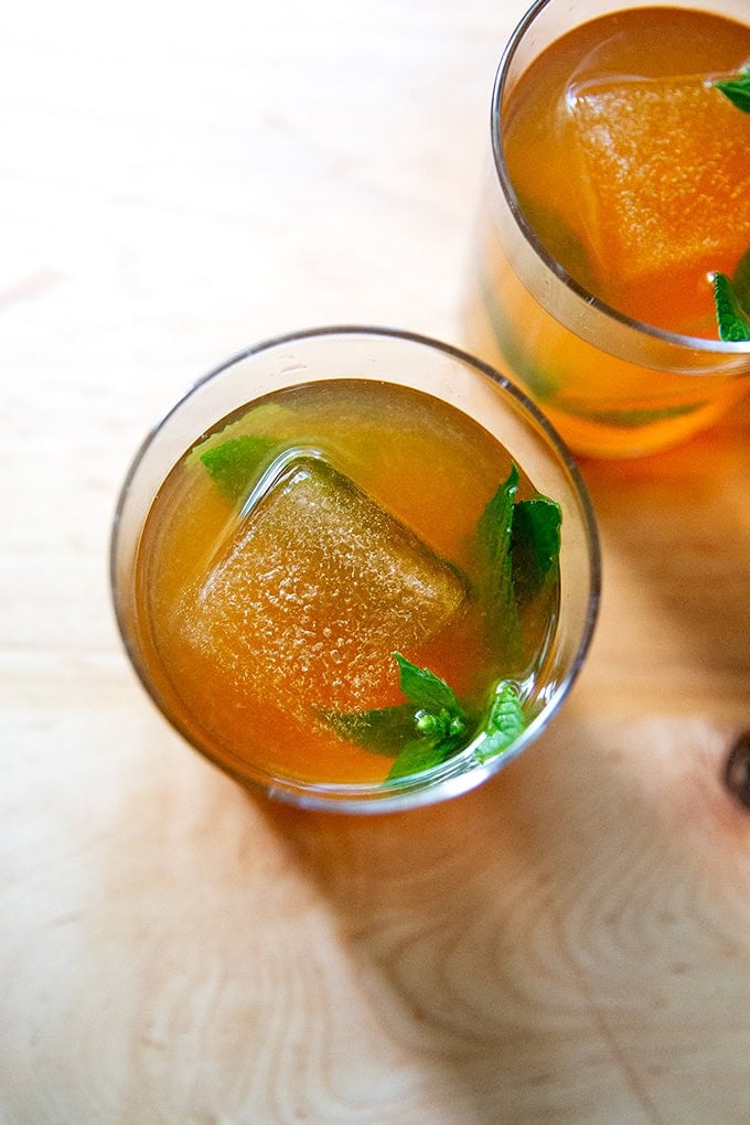 Two glasses of iced tea.