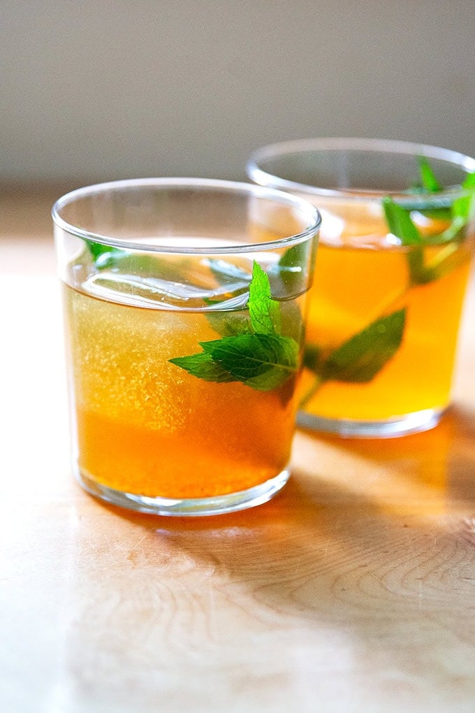 Two glasses of iced tea.