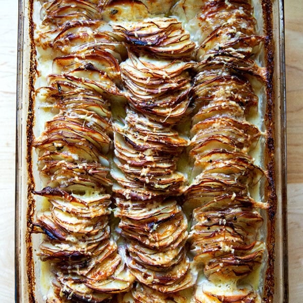 Just-baked hasselback potato gratin.