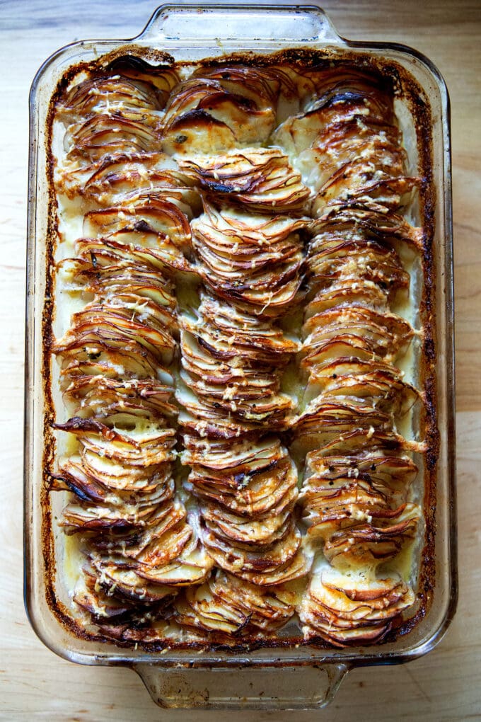 Just-baked hasselback potato gratin.