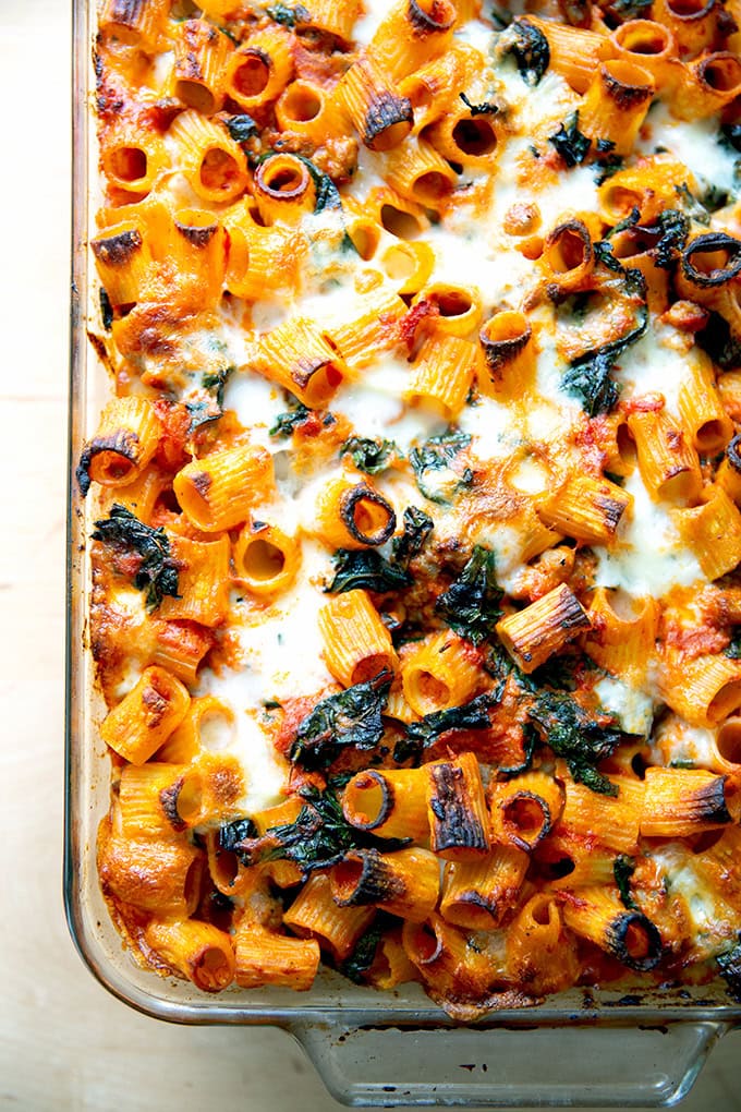 Just-baked baked pasta.
