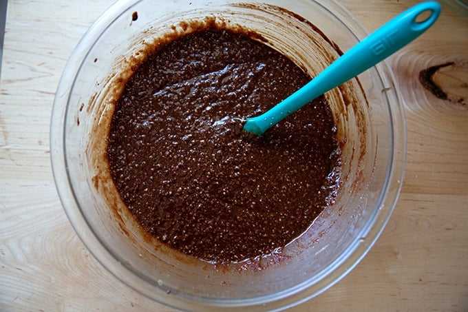 A bowl of torta caprese batter without the egg whites.