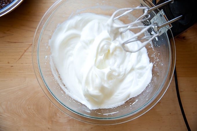 Beaten egg whites for Torta Caprese.