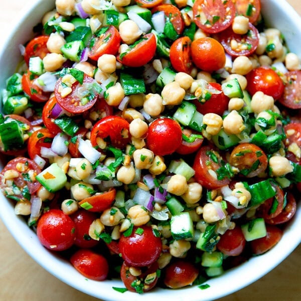 Lemony herby chickpea salad in a large bowl.