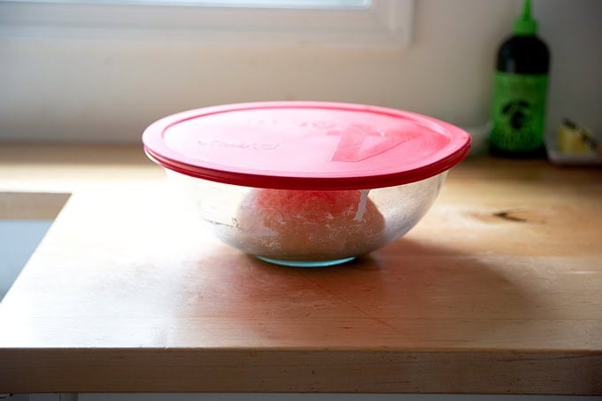 A glass bowl covered with a red top holding hot cross bun dough.