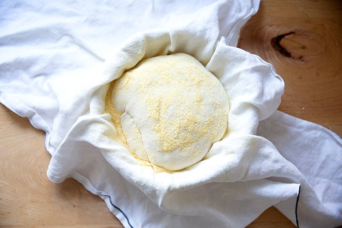A round of dough in a towel lined banneton, covered with cornmeal, read to be baked.