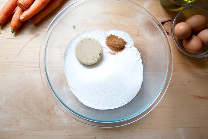 Dry ingredients for carrot cake in a bowl.