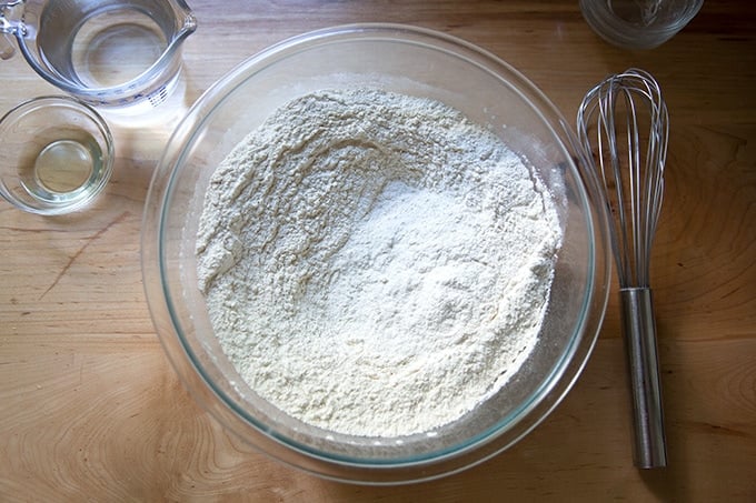 Whisked dry ingredients to make soft pretzels.