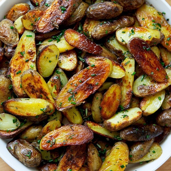 A platter of oven-roasted fingerling potatoes.