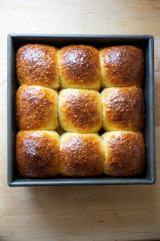 A pan of just-baked hot cross buns.