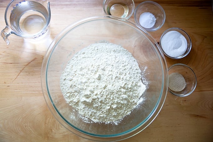 Ingredients to make soft pretzels on a countertop.
