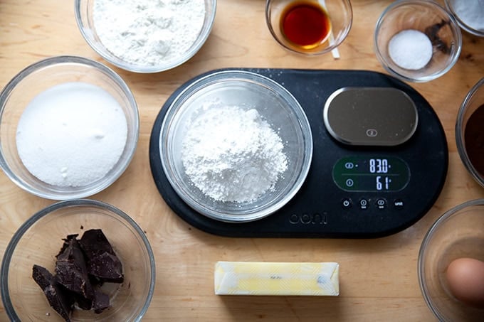 Weighing the ingredients to make chocolate crinkle cookies.