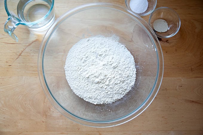 The ingredients to make Jim Lahey's no knead bread on a counter top.