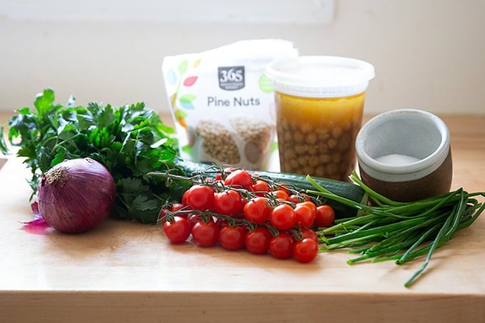 Ingredients to make lemony herby chickpea salad.