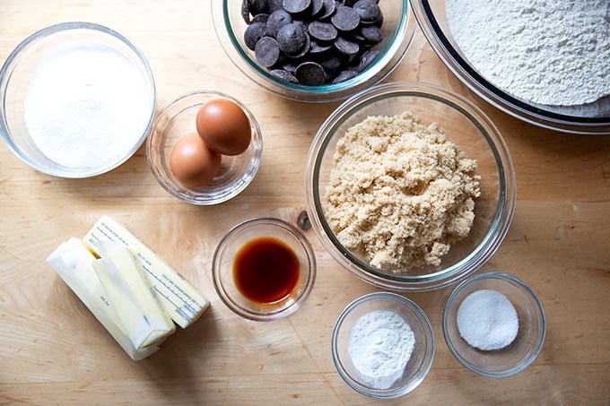The ingredients to make soft and chewy chocolate chip cookies.