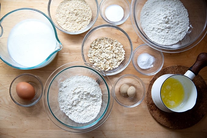 Ingredients for Irish brown bread, measured out.