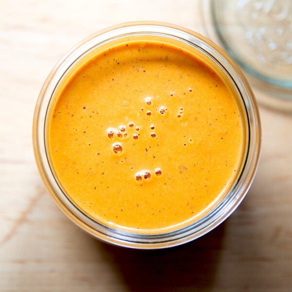 A jar of roasted red pepper dressing.