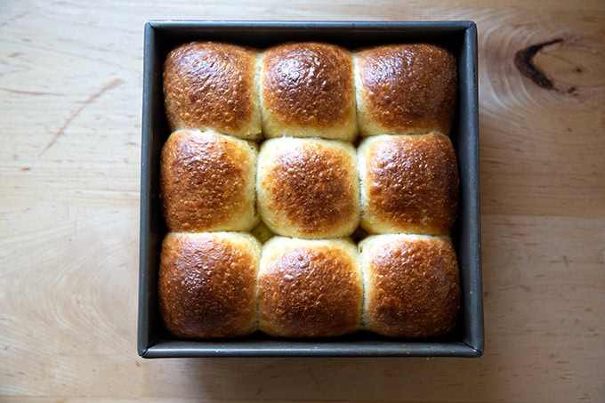 Just-baked hot cross buns.