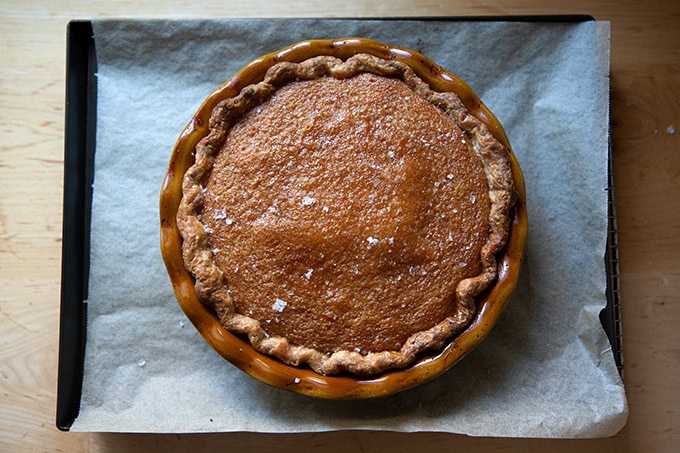 Just-baked salted maple pie on a sheet pan.