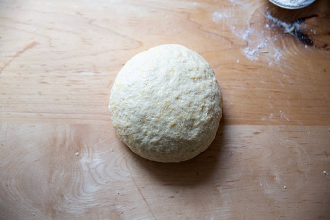 Kneaded hot cross bun dough on a countertop.