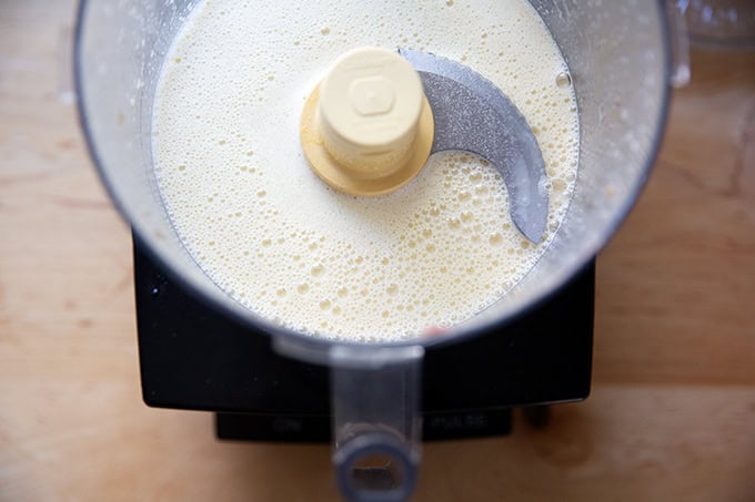 Puréed lemon, white balsamic vinegar, egg yolks, anchovies, and garlic.