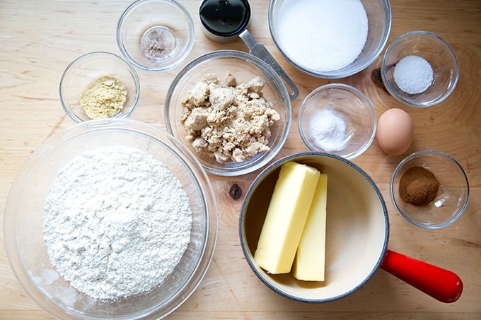 Measured ingredients to make gingerbread cookie bars.