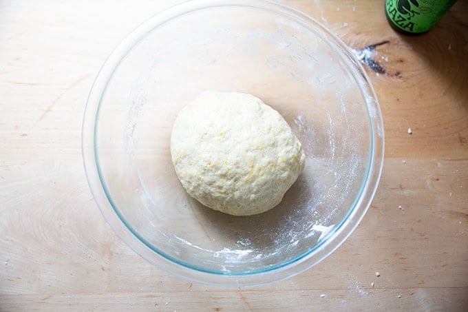 A glass bowl holding just mixed hot cross bun dough, sliced with olive oil.