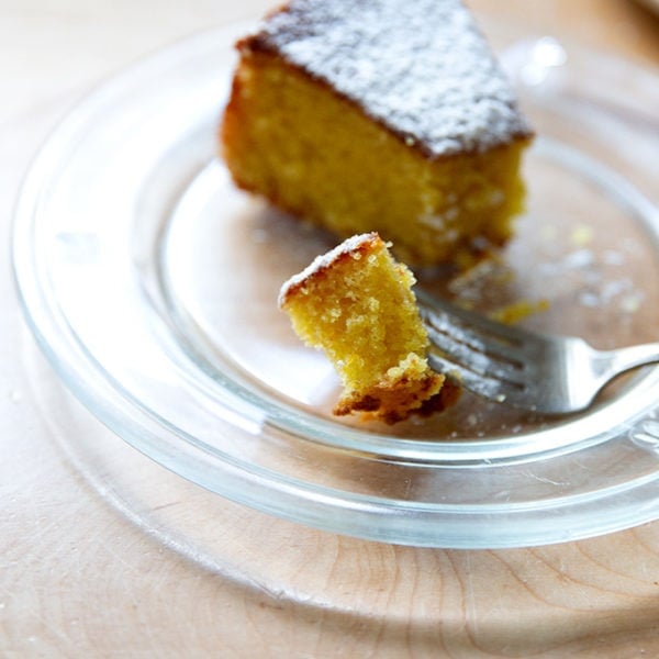 A slice of orange and olive oil cake.
