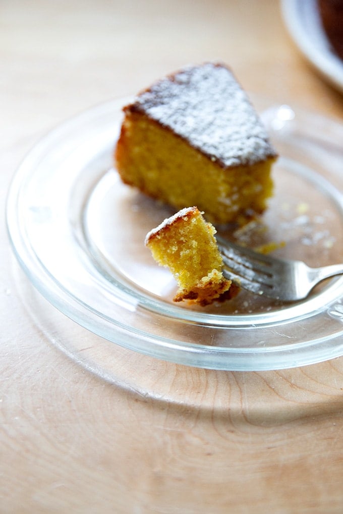 A slice of orange and olive oil cake.