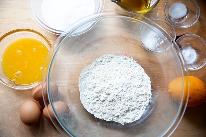 Ingredients to make orange and olive oil cake.