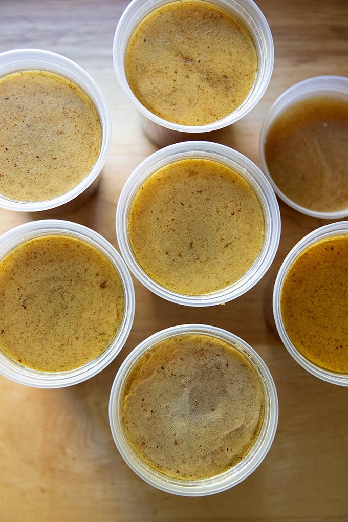 Six and a half quarts of freshly made turkey stock ready to be stored in the freezer.