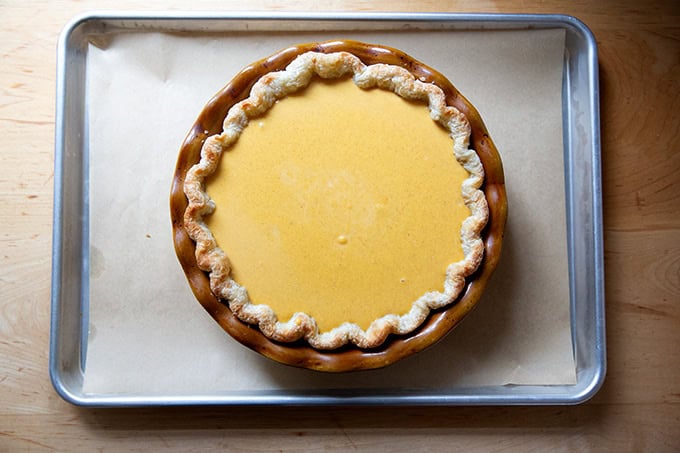 A butternut squash pie ready for the oven.