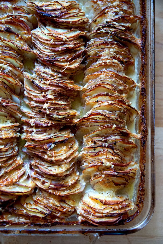 Just-baked hasselback potato gratin.