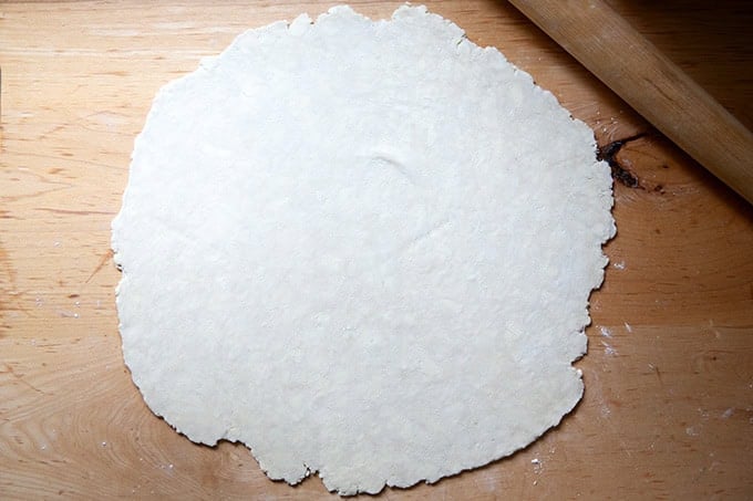 Pie dough rolled out into a 15-inch round.