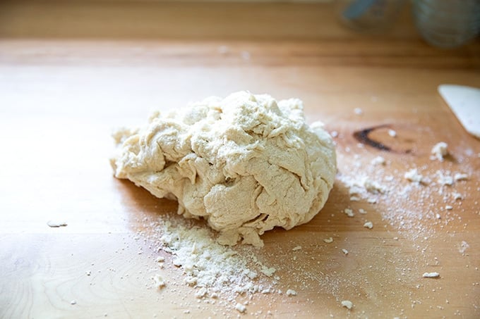 Mixed pretzel dough on a countertop.