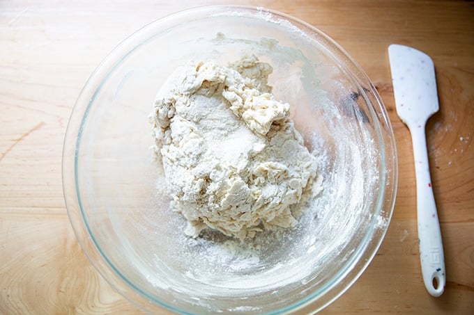 Mixed pretzel dough in a bowl.