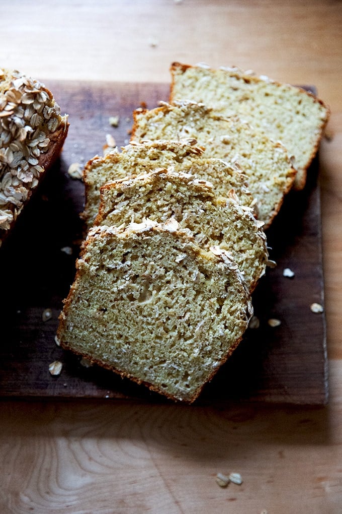 Irish brown bread, sliced on a board.