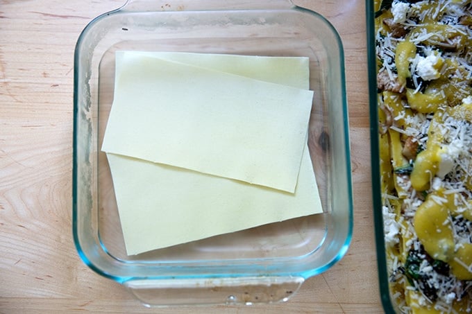 No-boil noodles soaking in a dish of hot water.