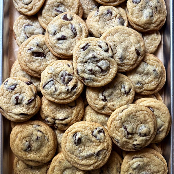 A tray of soft and chewy chocolate chip cookies.